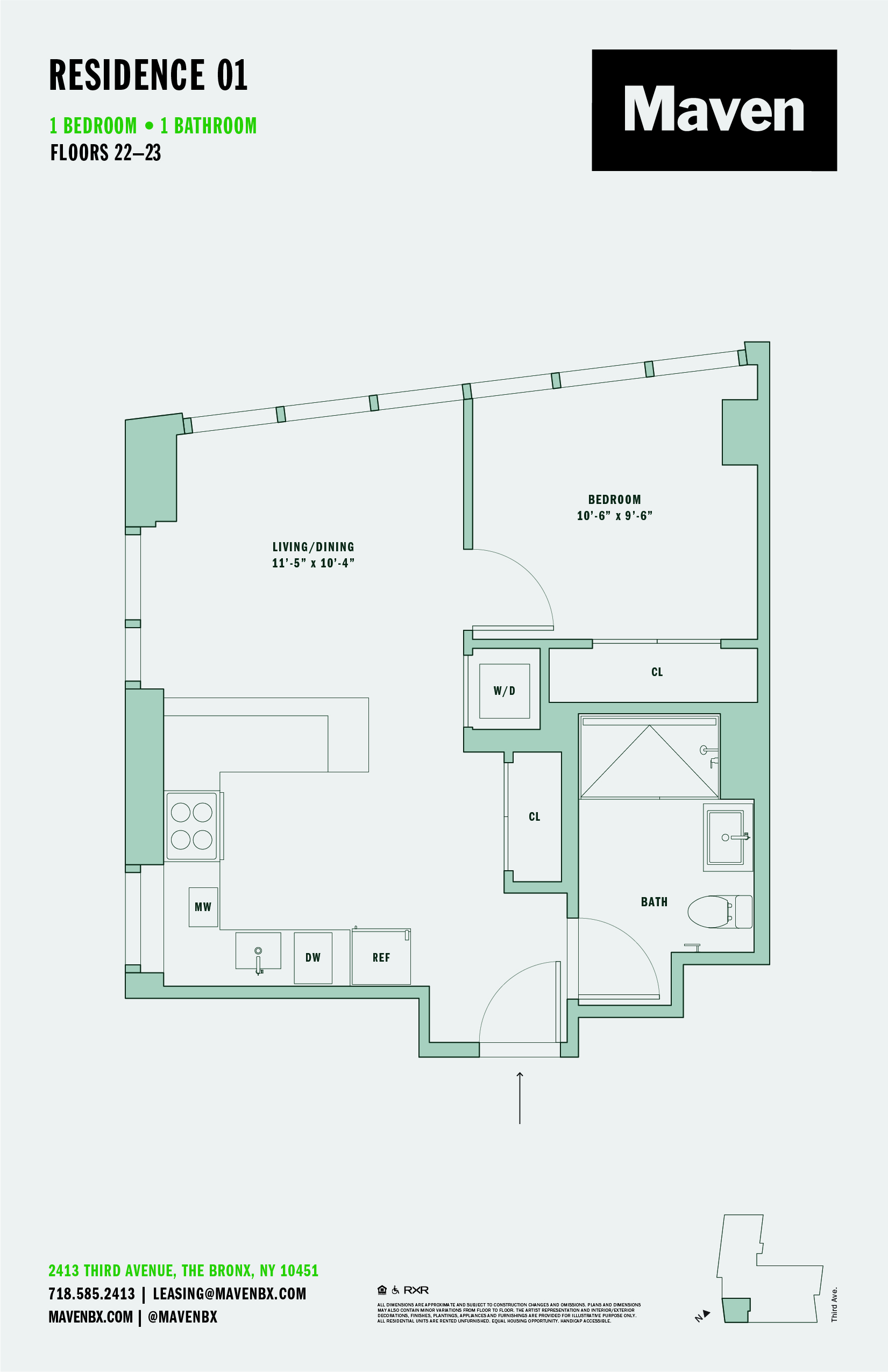 Floor plan for 1 bed, 1 bath, 569 sqft